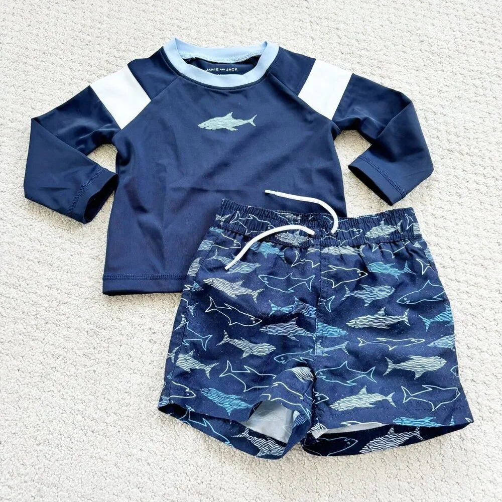 Janie And Jack Navy Blue Shark Swim Set
